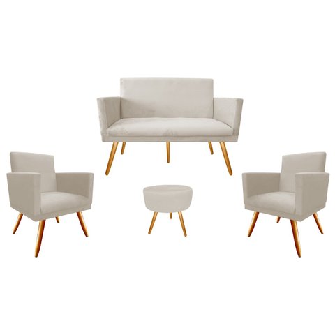Kit Namoradeira + 2 Poltronas Decorativa Nina + Puff Redondo Suede Bege Pés Madeira Mz Decor