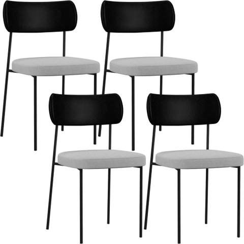 Kit 04 Cadeiras para Sala de Jantar Melina L02 Couríssimo Preto Linho Cinza - Lyam Decor