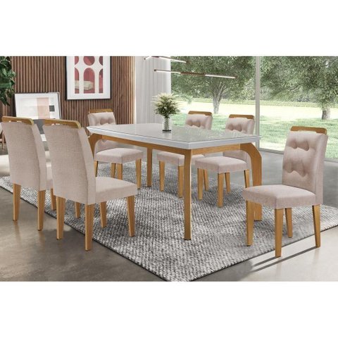 Sala de Jantar Completa Londrina Tampo Madeirado C/ Vidro 180x90cm e 6 Cadeiras Imperatriz Capuccino