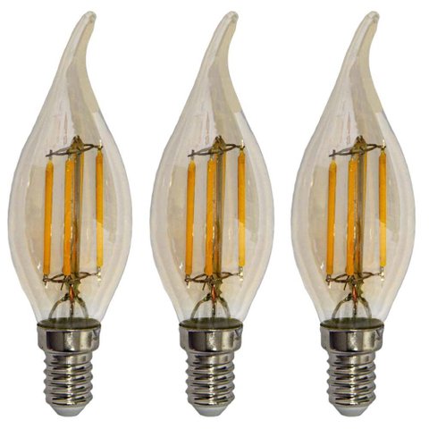 Kit 3 Lâmpadas Filamento Led Vela Bico Torto Âmbar 4w E14 2700k