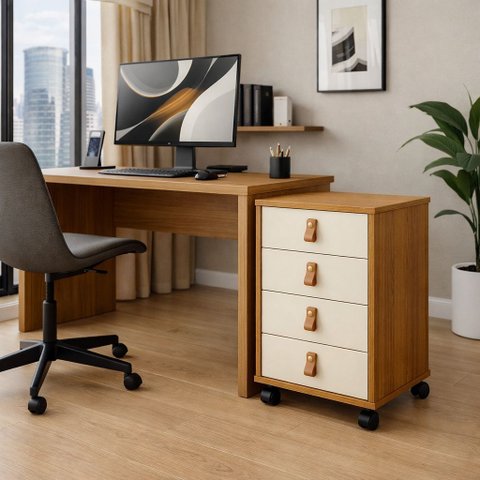 Gaveteiro com Rodinha Quarto Escritório 4 Gavetas Multiuso:cedro/offwhite
