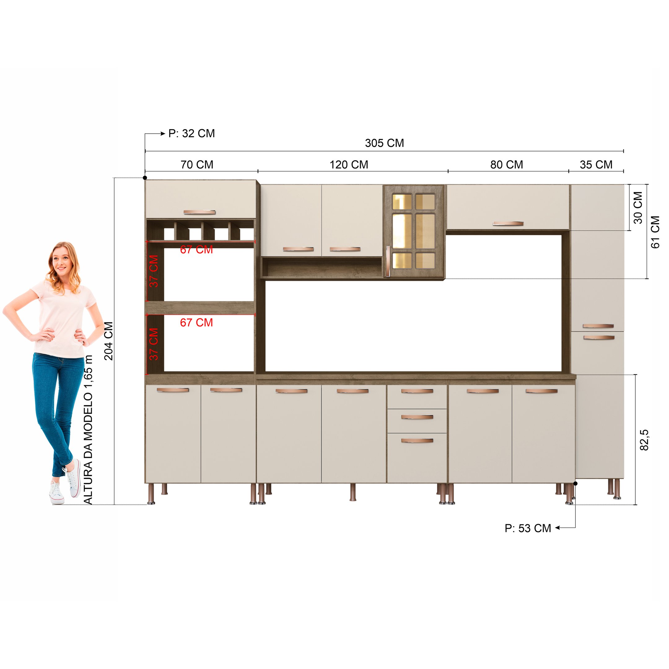 Cozinha Modulada Completa Fidelitá Berlim 6 Peças 305cm 14 Portas 2 Gavetas com Tampo - 4