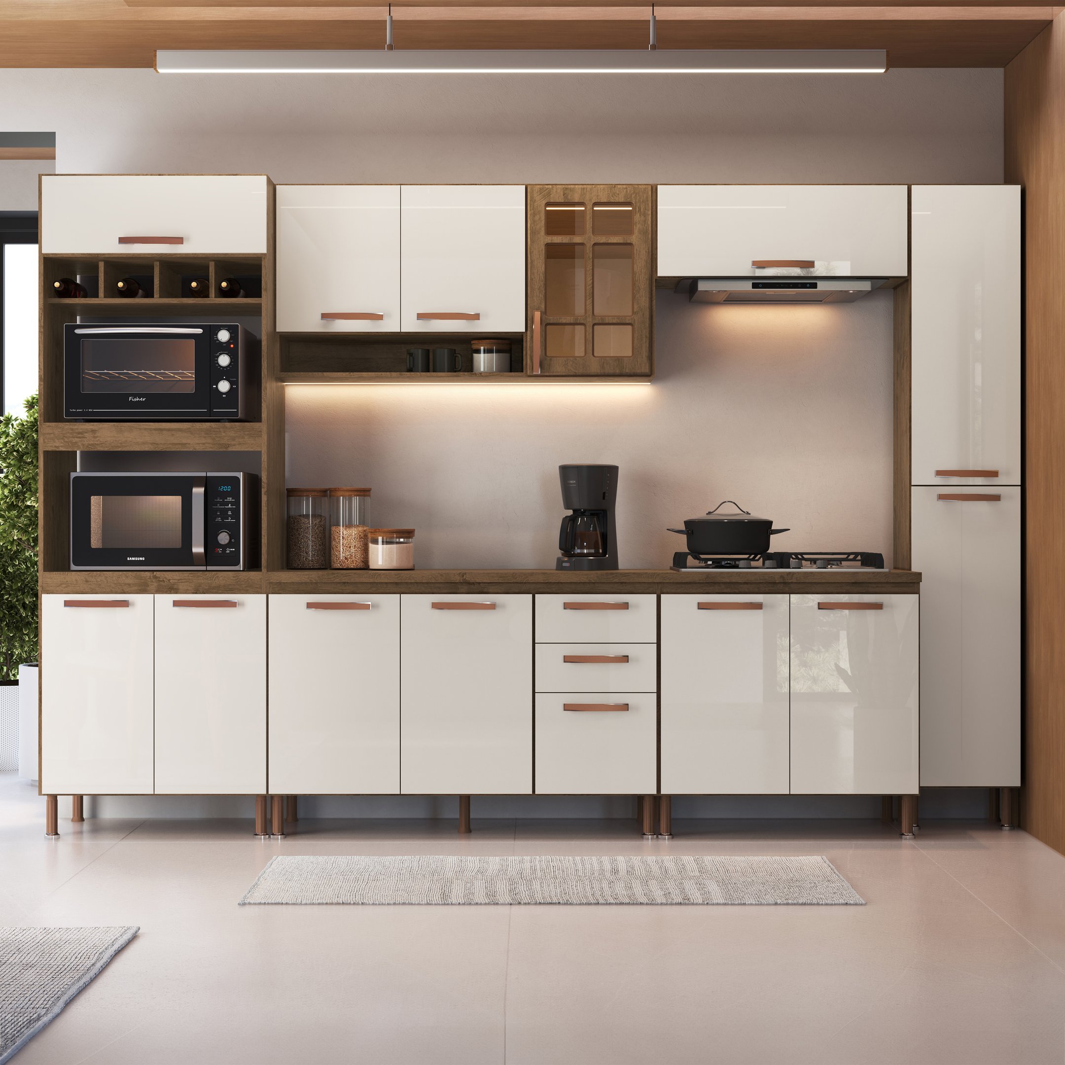 Cozinha Modulada Completa Fidelitá Berlim 6 Peças 305cm 14 Portas 2 Gavetas com Tampo