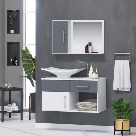 Gabinete Banheiro New Stilo 60 Cm Armário com Cuba e Espelheira:titanium
