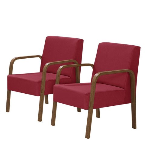 Kit 2 Poltronas 1 Lugar Jade Braço Madeira Vermelho