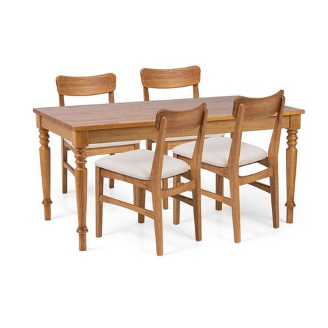 Conjunto Sala de Jantar Madeira Maciça Mesa Amarilis e 4 Cadeiras Estofadas Olmo