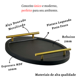 Bandeja para Cantinho do Café para Servir Bebidas Chá 40x30:preto Fosco/dourado - 5