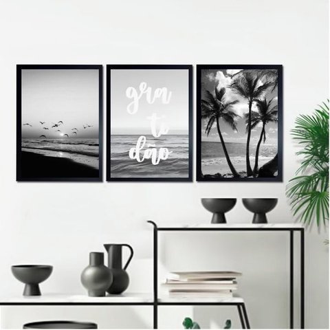 Kit 3 Quadros Praia Preto e Branco Gratidão 33x24cm:madeira Preta