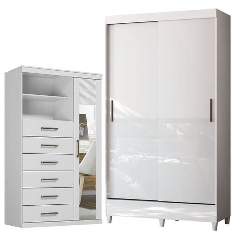 Guarda Roupa Solteiro 2 Portas de Correr com Pés e Cômoda Marabá com Espelho Branco Brilho -