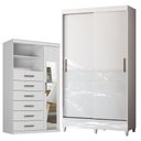 Ver imagem 1 de Guarda Roupa Solteiro 2 Portas de Correr com Pés e Cômoda Marabá com Espelho Branco Brilho -