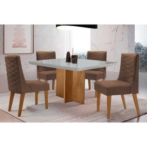 Conjunto: Mesa de Cozinha Berlim Curvo 90cm + 4 Cadeiras Dafne Naturale/off White - Corano Capuccino