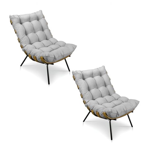 Kit 2 Poltronas Costela Suede Base Metálica - Pallazio - Cinza
