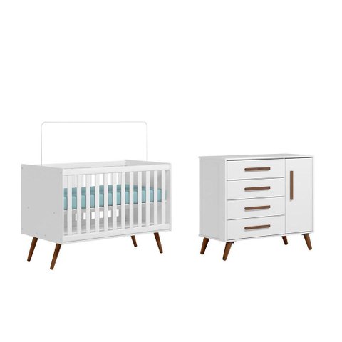 Quarto Infantil Encanto Retrô com Berço e Cômoda Sapateira Branco - Fdecor