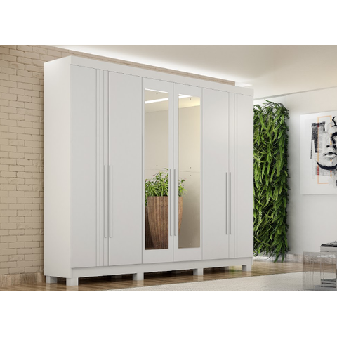 Guarda Roupa Madri 6 Portas 4 Gavetas com Pés e Espelho:Branco Acetinado