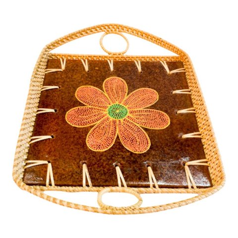 Bandeja Lombok Floral Rattan e Ceramica Artesanal Mod 2
