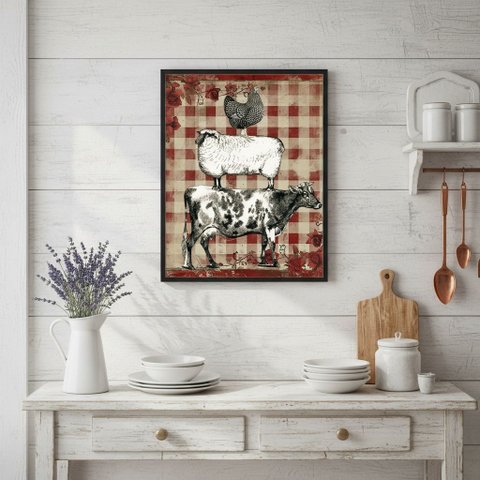 Quadro Cozinha Animais Xadrez 24x18cm Mold Preta Vidro