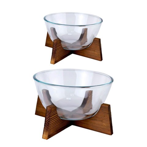 Jogo de Bowls de Vidro Borossilicato com Suporte de Madeira Acácia 21cm e 23cm 2 Peças - Hauskraft