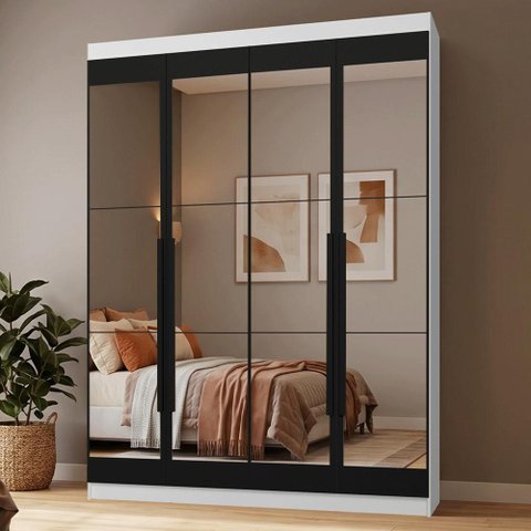 Guarda-Roupa Solteiro 4 Portas Batentes com Espelhos Branco/Preto/Preto Netuno Madesa
