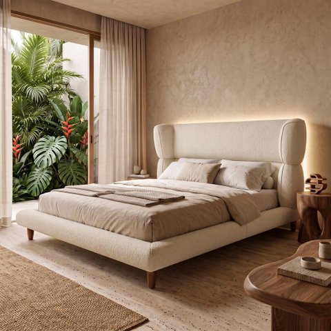 Cama Box Base Queen com Cabeceira Mochi 158x198 Estofada Orgânica Japonesa Bouclê Creme - Desk Desig