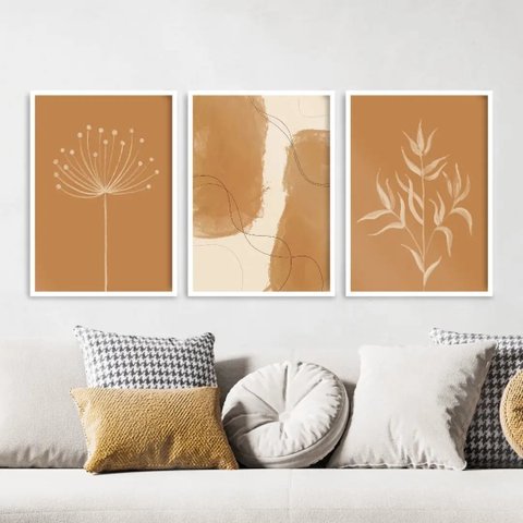Kit 3 Quadros Abstratos Folhas Aquarela Marrom 33x24cm:Madeira preta