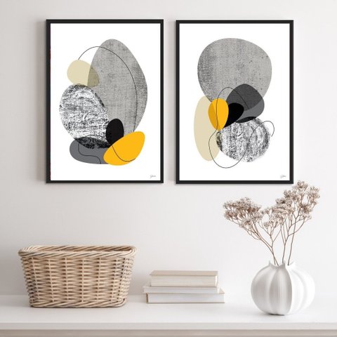 Kit 2 Quadros Abstratos Minimalistas Preto Cinza Amarelo 33x24cm:madeira Branca