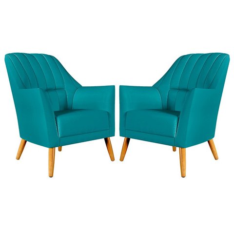 Kit 2 Poltronas Orion Bordada Suede Azul Turquesa Aradecor