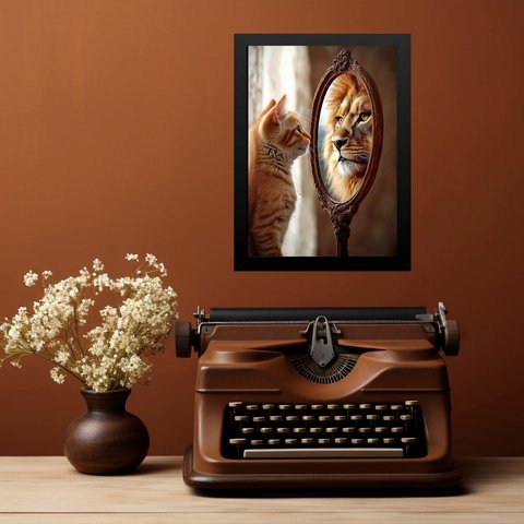Quadro Motivacional Autoestima Gato Espelho Leão 45x34cm - com Vidro:moldura Preta