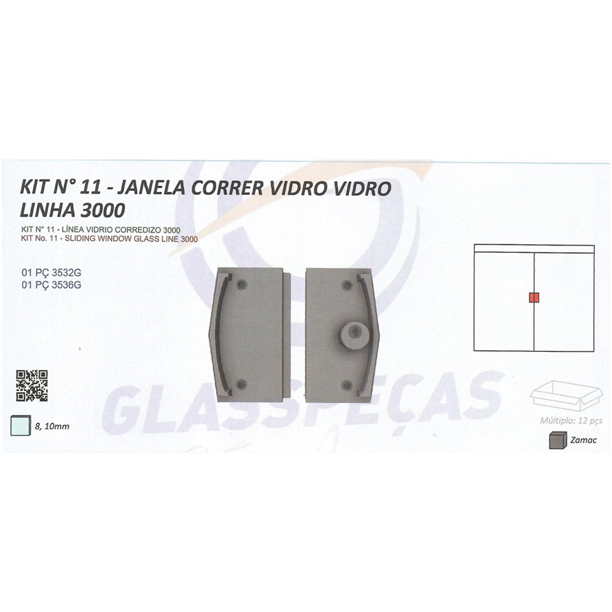 Kit Fechadura 11 Janela de Correr Vidro Vidro Linha 3000 Glass Peças Kit 11 Marrom - 3