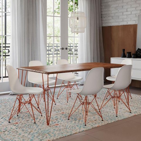 Mesa Sala De Jantar Industrial Amêndoa 135X75 6 Cadeiras Bracas De Ferro Cobre Cor: Marrom