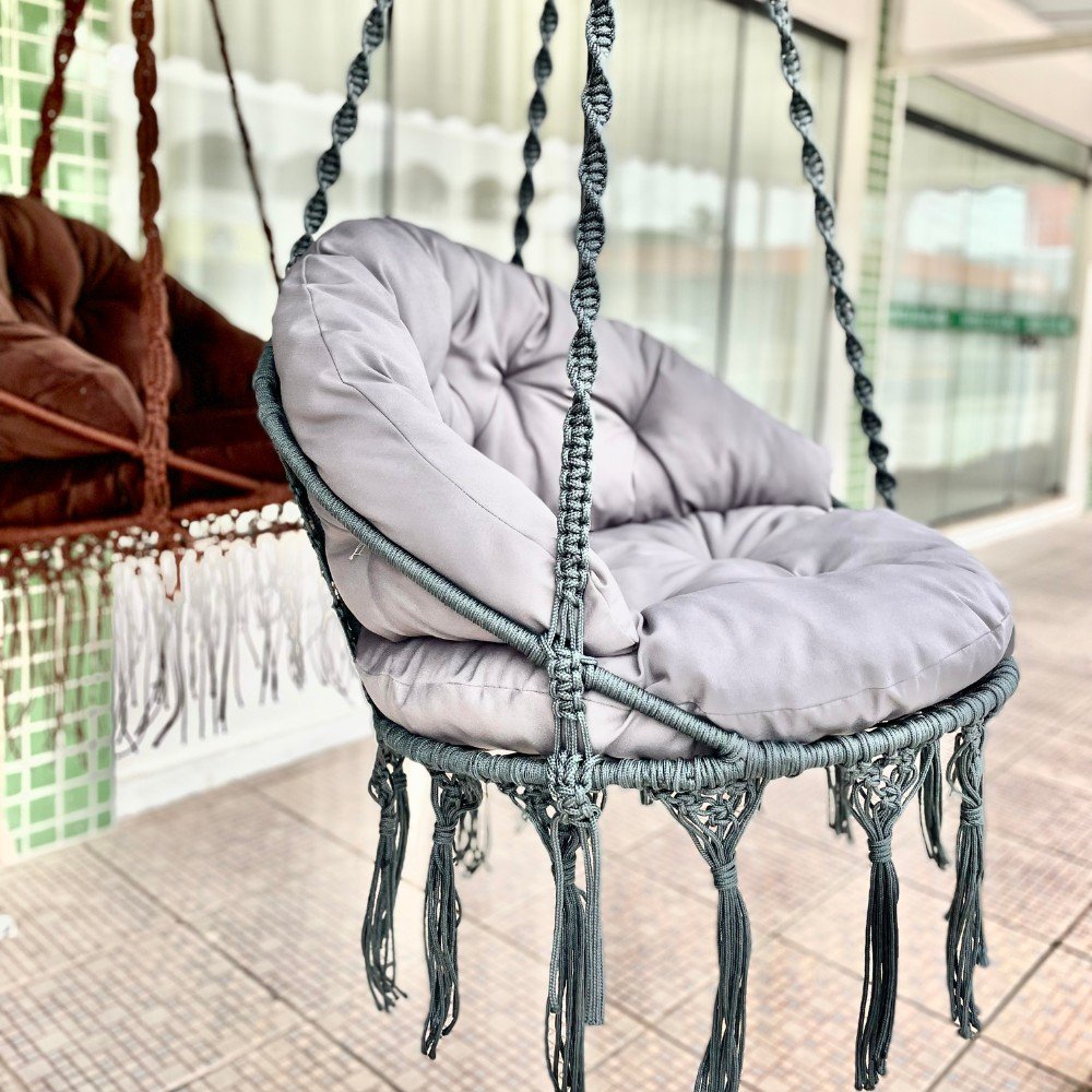 Cadeira Suspensa de Macrame com Almofada Corda Náutica Cinza Almofada Cinza Rede para Dormir - 5