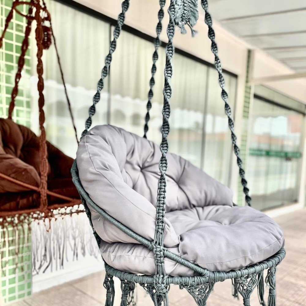 Cadeira Suspensa de Macrame com Almofada Corda Náutica Cinza Almofada Cinza Rede para Dormir