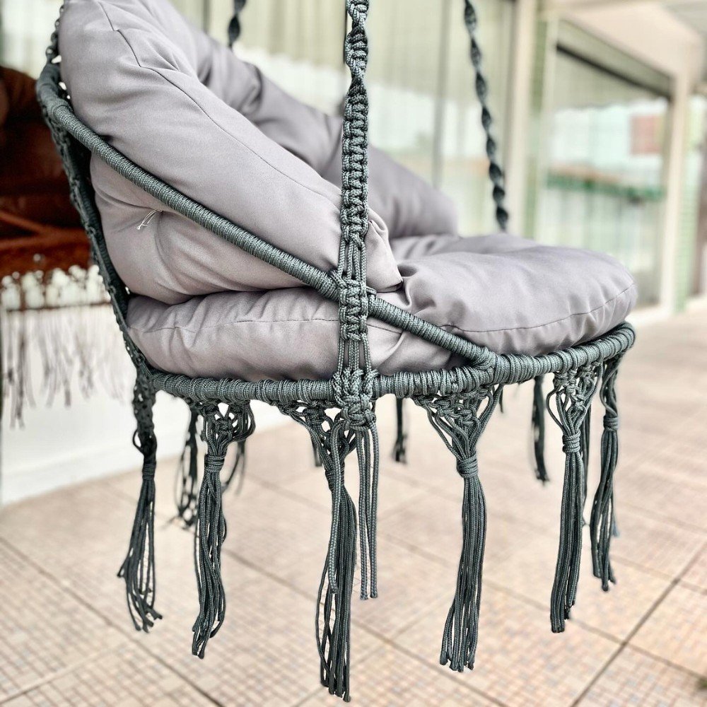 Cadeira Suspensa de Macrame com Almofada Corda Náutica Cinza Almofada Cinza Rede para Dormir - 8