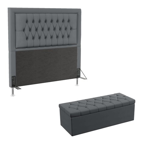 Kit Cabeceira Estofada Decorativa Pegasus e Calçadeira Sagitarius 140 Para Cama de Casal Sued Cinza 