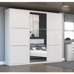 Roupeiro 3 Portas de Correr 3 Gavetas e Espelho S743 Kappesberg - Branco Brilho - 1