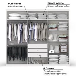 Roupeiro 3 Portas de Correr 3 Gavetas e Espelho S743 Kappesberg - Branco Brilho - 3