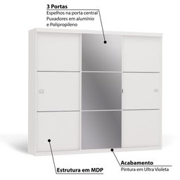 Roupeiro 3 Portas de Correr 3 Gavetas e Espelho S743 Kappesberg - Branco Brilho - 2