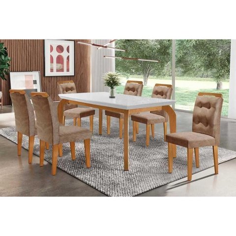 Conjunto: Mesa Sala Jantar Londrina C/ Tampo Madeirado Canto Reto 180x90cm e 6 Cadeiras Imperatriz