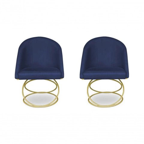 Kit 2 Cadeira de Jantar Luxo Base de Metal Dourado Sala Esritório Recepção Suede Veludo Azul