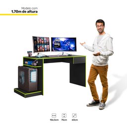 Mesa Escrivaninha Para Computador Setup Gamer Nitro 1 Gaveta Preto Fosco Verde - Abmaza - 3