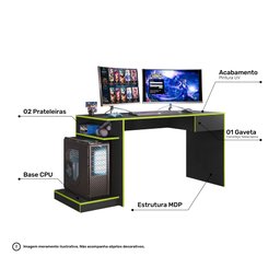Mesa Escrivaninha Para Computador Setup Gamer Nitro 1 Gaveta Preto Fosco Verde - Abmaza - 4