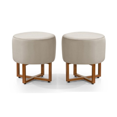 Kit 2 Pufes Banqueta Redonda para Sala Decoração Interior Pes Ferro Cobre Tecido Bege
