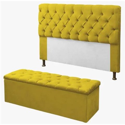 Kit Cabeceira e Calçadeira Baú Mirage Solteiro 120cm Renascer Decor:Amarelo