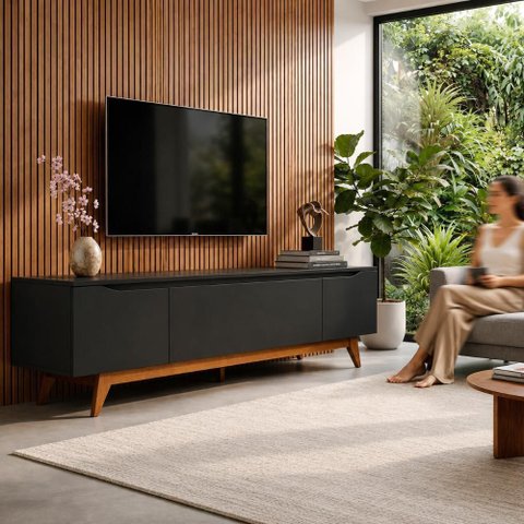 Rack para TV até 75 Polegadas 185cm Pés em Madeira Maciça Flynt Preto Touch/Natural