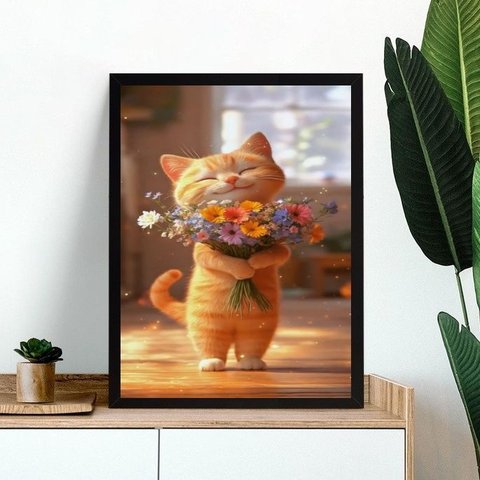 Quadro Gatinho Baby com Buquê de Flores 24x18cm - com Vidro:moldura Preta