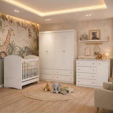 Quarto Completo de Bebê com Berço 3 em 1 Guarda-Roupa 4 Portas e Cômoda Savana Yescasa