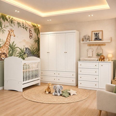 Quarto Completo de Bebê com Berço 3 em 1 Guarda-Roupa 4 Portas e Cômoda Savana Yescasa