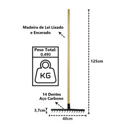Ancinho 14 Dentes Aço Carbono Cabo Madeira pra Limpeza 125cm Minasul - 3