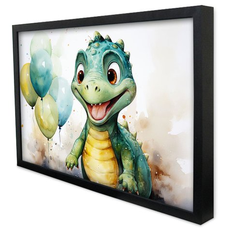 Quadro Decorativo Baby Dino em Moldura Caixa Tacolado Moldura Trad 1cm Preta com Vidro 15 X 21cm