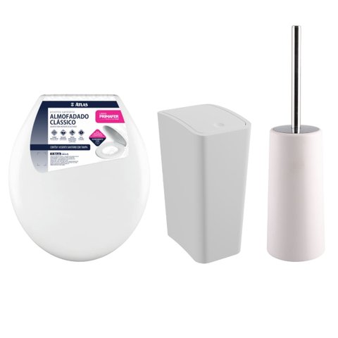 Assento Tampa Vaso Sanitário Oval Almofadado + Lixeira 6l com Tampa + Escova Sanitária com Suporte