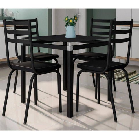 Conjunto Mesa de Jantar Tubular com 4 Cadeiras Malva Tampo Vidro Quadrado 75cm 118 Sf Preto - Movelp